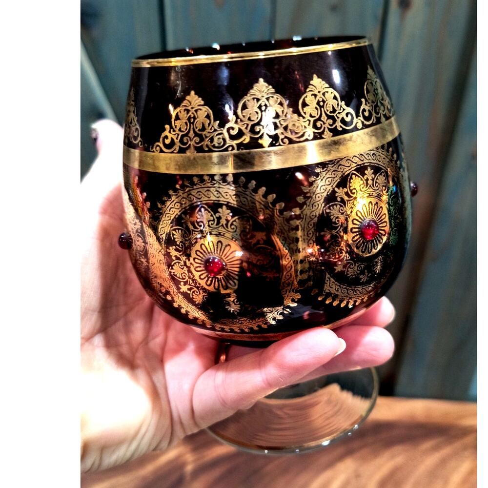 693. Bohemian Brandy Snifter Gold Burgundy Jeweled - Picture 3 of 7